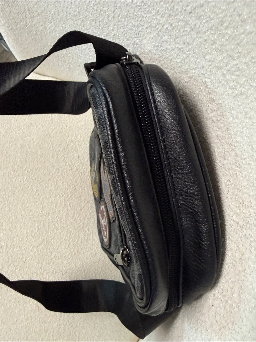 True Religion Black Crossbody Messenger Bag with Patch Accents
